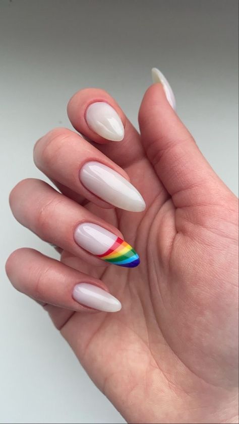 White Nails With Rainbow Tips, Pride Nails Classy, Pride Nails Designs Almond, Rainbow Wedding Nails, Nail Inspo Pride, Pride Nails Designs Simple Short, Pride Nails Black, White And Rainbow Nails, Pride Nails Subtle