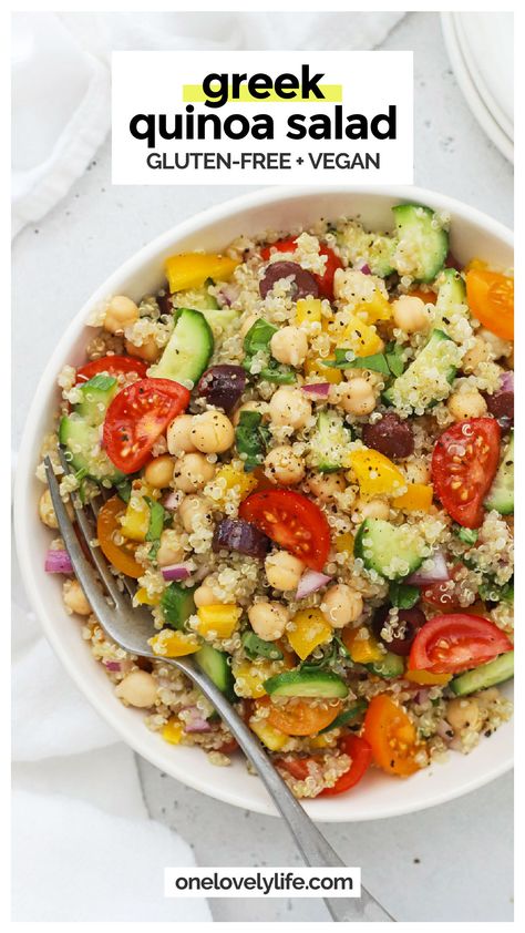 My Big Fat Greek Quinoa Salad recipe is packed fresh vegetables, fluffy quinoa & a lemony dressing--perfect for picnics, bbqs & more! The bright colors and bold flavors of this healthy quinoa salad make it the perfect meal prep lunch or summer side dish to all your grilled favorites. Try it with grilled chicken for more protein, or serve it as a vegetarian summer side dish! Protein Summer Salad, Protein Side Dishes, Gluten Free Quinoa Salad, Summer Meal Prep, Lemony Dressing, Healthy Quinoa Salad, Greek Quinoa, Fluffy Quinoa, Dairy Free Salads