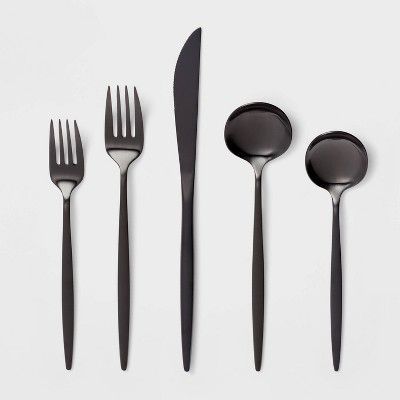 20pc Shapleigh Flatware Set Matte Black - Threshold™ | Target Black Utensils, Steel Utensils, Silverware Drawer, Black Flatware, Stainless Steel Silverware, Stainless Steel Utensils, Spoon Knife, Salad Fork, Forks And Spoons