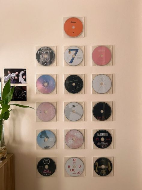 Kpop Room Wall, Cozy Kawaii, Cd Wall Art, Cd Wall, Army Room Decor, Windows To The Soul, Cd Decor, Kpop Room, Army Room