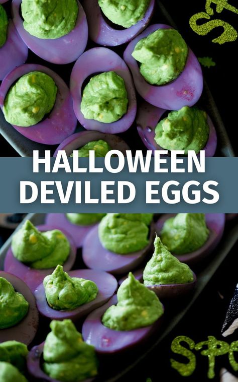 Looking for Halloween party food ideas? Try these cute and spooky deviled eggs! How to make them is simple and easy, with purple and green colors to match your Halloween theme. Perfect for potlucks, party snacks, or scary treats that stand out at any gathering. These monster-themed deviled eggs are fun, spooky, and sure to be a crowd-pleaser! Party Snack Table, Colored Deviled Eggs, Halloween Deviled Eggs, Avocado Deviled Eggs, Spooky Snacks, Easy Halloween Food, Cute And Spooky, Party Food Ideas, Blue Food Coloring