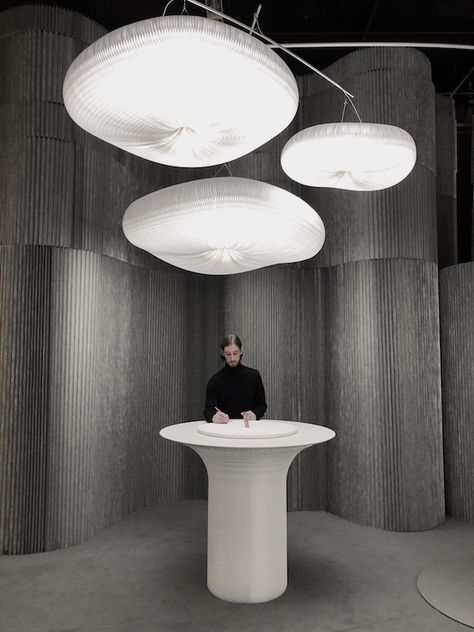 vosgesparis: An installation by Molo design and production stud... Info Desk Design, Large Decorative Bowl, Lamps Hanging, Cloud Lamp, Lobby Reception, Casa Country, Reception Counter, Production Studio, Counter Design