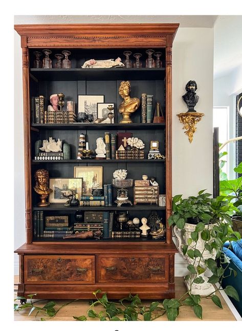 Dark Academia China Cabinet, Dark Bookshelf Styling, Dark Academia Bookshelf, Vintage Bookshelves, Dark Bookshelves, Bookcases Ideas, Dark Academia Cottage, Dark Nautical, Bookshelves Aesthetic