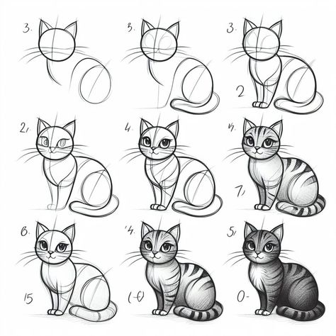 How To Draw Cats Step By Step, Cat Sketch Tutorial, Simple Cat Drawing, Sketch Tutorial, Pop Art Cat, Cat Drawing Tutorial, Cats Art Drawing, Easy Animal Drawings, Concept Art Tutorial