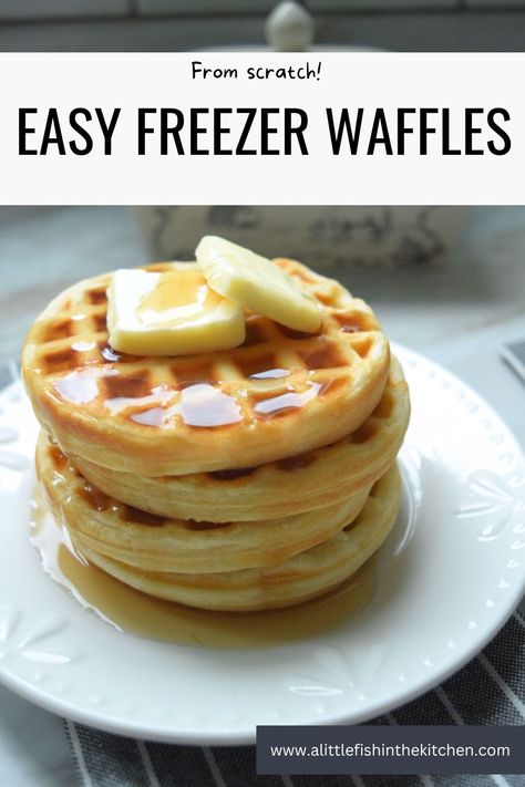 A stack of 4 small, golden waffles sits on a white plate. Two pats of butter rest on top of the waffle stack and the waffles are covered in glistening maple syrup.  A butter crock, a small pitcher and two forks are slightly blurred in the background. This picture focuses  more on the top of the waffle stack. Freezable Waffle Recipe, Diy Freezer Waffles, Freezing Homemade Waffles, Homemade Frozen Waffles, Diy Frozen Waffles, Freezer Waffles Homemade, Make Ahead Waffles For A Crowd, Frozen Waffle Recipes, Waffle Recipe Easy Simple