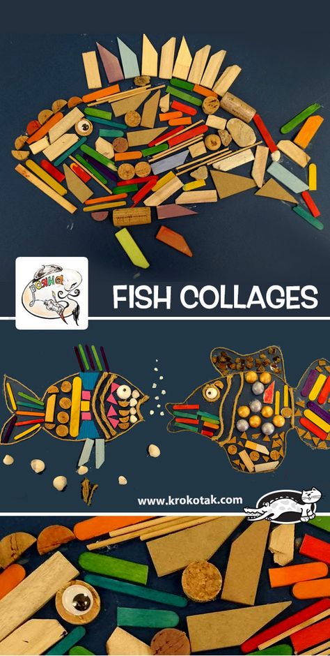 krokotak | Fish Collages Nature Art Projects, Fish Collage, Children Activities, Sofia Bulgaria, Elementary Art Projects, Kindergarten Art, Art Lessons Elementary, School Art Projects, Middle School Art