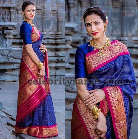 Shilpa Reddy Blue and Pink Gadwal Saree Shilpa Reddy, Saree Jewellery, Traditional Silk Saree, Silk Saree Kanchipuram, Wedding Saree Collection, Sari Blouse Designs, Indian Saree Blouses Designs, Silk Saree Blouse Designs, Indian Fashion Saree