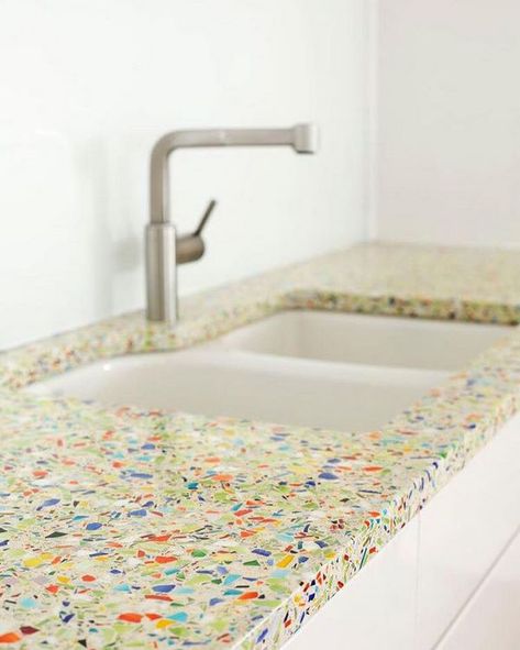 Recycled Countertops, Recycled Glass Countertops, Unconventional Materials, Glass Countertops, Beakers, Glass Bathroom, Trendy Kitchen, Counter Top, Dream House Decor