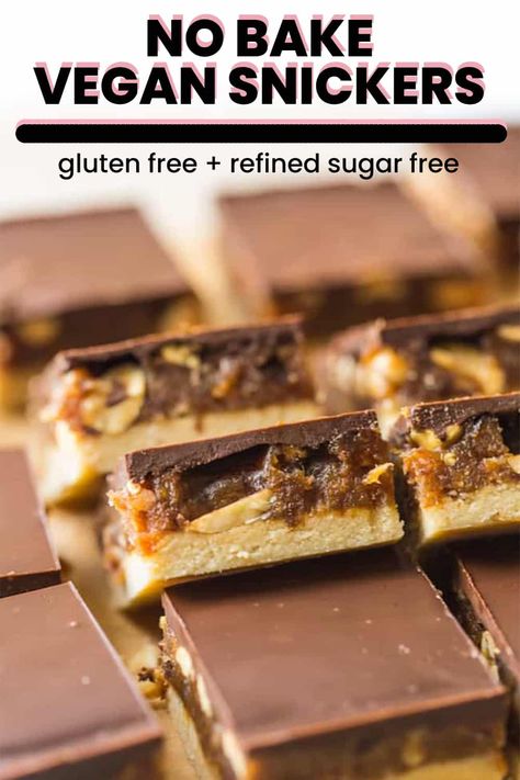 Healthier homemade gluten free vegan snickers bars - a soft, nut flour crust topped with a simple date peanut caramel and finished off with a layer of chocolate. Just prep, set & enjoy! #GlutenFree #VeganDesserts #NoBakeDesserts #Snickers HealthyNoBake Healthy Homemade Snickers Bar, Paleo Snickers, Vegan Snickers Bar, Healthy Vegan Snickers, Vegan Snickers Dates, Snicker Bars, Raw Snickers, Vegan Snickers, Peanut Caramel