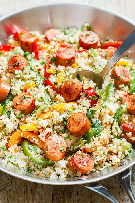 cauliflower fried rice Quick Nourishing Meals, Paleo Cauliflower Fried Rice, Cauliflower Fried Rice Recipes, Paleo Cauliflower, Arroz Frito, Cauliflower Rice Recipes, Cauliflower Fried Rice, Fried Cauliflower, Sausage And Peppers