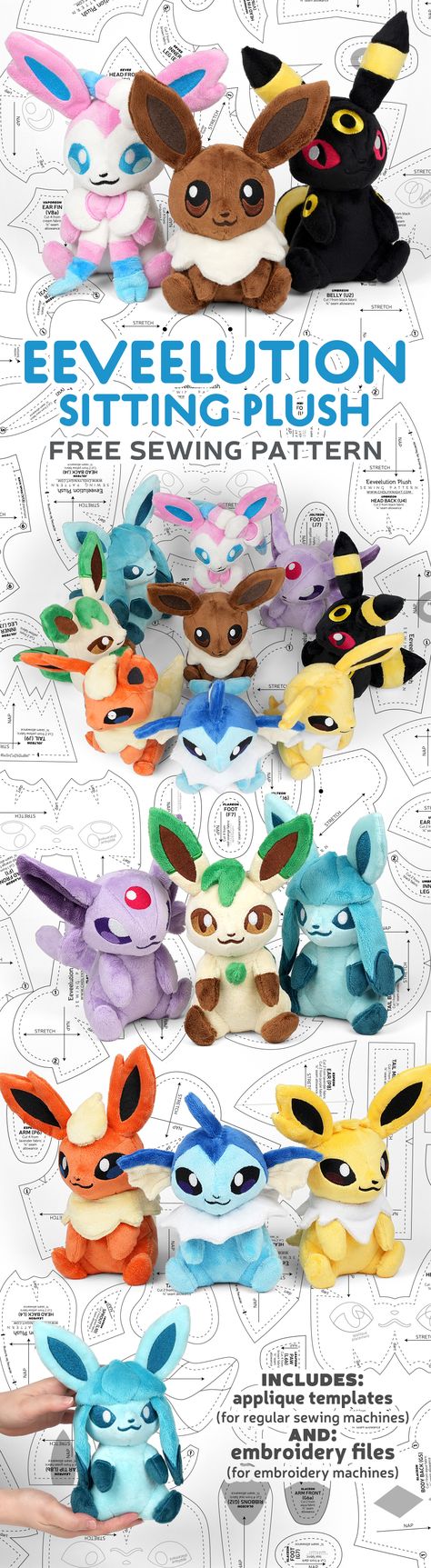 Sewing Patterns Plushies Pokemon, Eevee Sewing Pattern, Diy Pokemon Plush, Pokemon Plush Pattern Free, Pokemon Plushies Pattern, Eevee Plush Pattern, Free Pattern Friday, Pokemon Sewing Patterns Free, Felt Plush Pattern Free