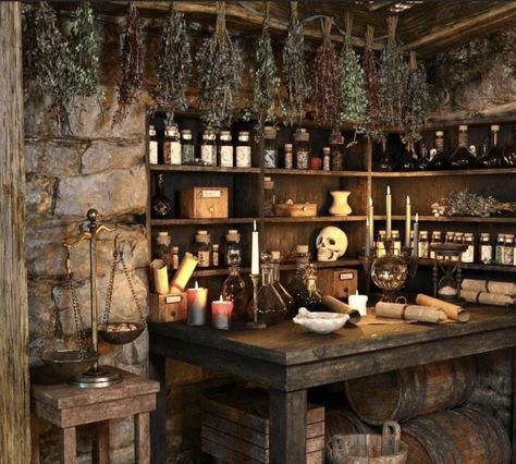 Alchemist Interior Design, Apothecary Room Aesthetic, Apothecary Inspired Kitchen, Apothecary Bar Design, Medieval Apothecary Aesthetic, Magical Shop Aesthetic, Old World Apothecary, Basement Apothecary, Apothecary Shed