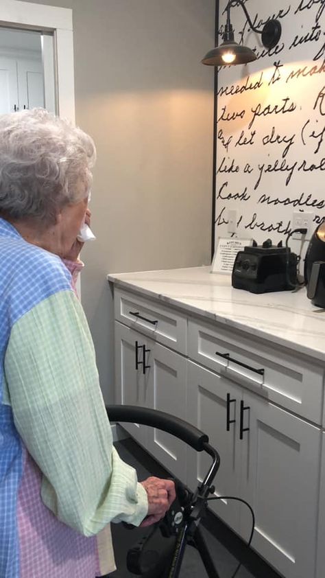 “My grandma is known for her noodle recipe which was passed down to her from my great grandma and was recently passed down to me.   I took the recipe my grandma wrote out for me and had it made into a backsplash for my pantry area. We were all so excited to reveal it to Grandma today. It’s one of my very favorite parts of our home. 💕”  I love this beautiful story from @reger_mama Recipe Display Ideas, Recipe Display, Framed Recipes, Moms Kitchen, Memory Gifts, Beautiful Backsplash, Custom Backsplash, Noodle Recipe, Handwritten Recipes