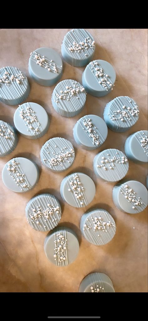 Blue And White Treat Table, Chocolate Covered Oreos Baby Shower Boy, Dusty Blue Desserts, Baby Blue Dessert Table, Something Blue Dessert Table, Light Blue Desserts, Dusty Blue Cake Pops, Baby Shower Cake Pops Boy, Blue Desserts For Baby Shower Boys