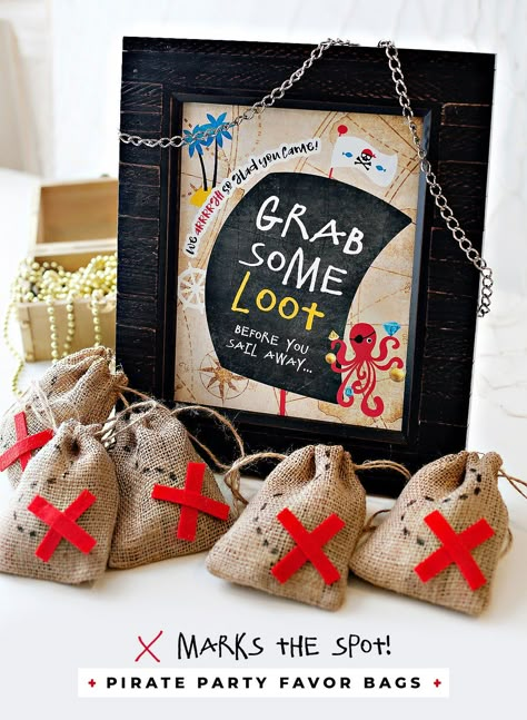 “X Marks the Spot” Pirate Party Favor Bags // Hostess with the Mostess® Pirate Themed Graduation Party, Pirate Gift Bags, Walk The Plank Pirate Party, Dinosaur Pirate Party, Pirate Party Bags, Pirate Dessert Table, Diy Pirate Decorations, Pirate Pool Party, Pirates Of The Caribbean Party