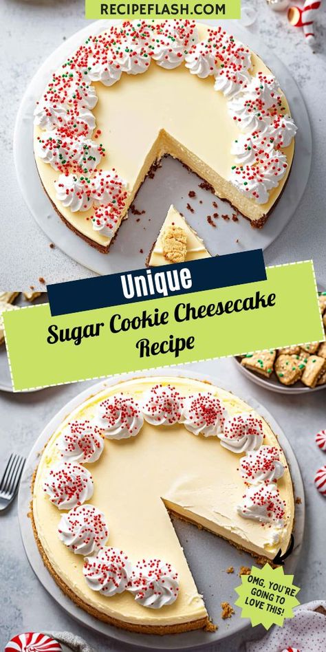 Looking for a unique dessert to brighten your holiday festivities? This Sugar Cookie Cheesecake Recipe is the perfect blend of sweet and creamy, creating a delightful addition to your Christmas Desserts lineup! Save this recipe for later and make your holiday gatherings even more special with this delicious treat! Sugar Cookie Dough Cheesecake, No Bake Sugar Cookie Cheesecake, Cheesecake With Sugar Cookie Crust, Festive Cheesecake Recipes, Sugar Cookie Cheesecake Recipe, Christmas Cookie Cheesecake, Cookie Cheesecake Recipes, Christmas Sugar Cookie Cheesecake, Unique Christmas Desserts