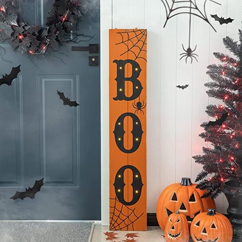 Amazon.com : Glitzhome 42" H Halloween Porch Board Sign with 12 LED Lights, Lighted Halloween "BOO" Hanging Signs or Lean Against Wall Standing Sign, Welcome Halloween Decorative Plaques for Front Door Outdoor : Patio, Lawn & Garden Pumpkin Porch Decor, Halloween Signs Diy, Halloween Porch Sign, Halloween Wood Signs, Porch Pumpkins, Wooden Porch, Front Porch Signs, Wooden Pumpkins, Halloween Yard Decorations