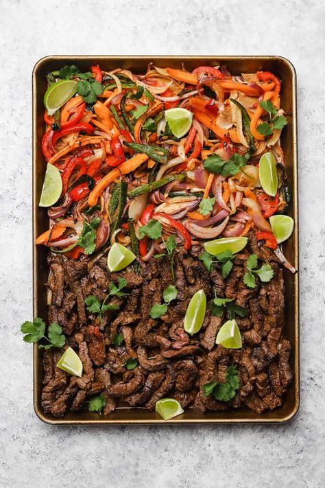 Skirt Steak Sheet Pan Fajitas - Well Seasoned Studio Skirt Steak Fajita Recipe, Skirt Steak Sheet Pan Dinner, Fajita Seasoning Recipe Steak, Steak Fajitas Sheet Pan, Sheet Pan Skirt Steak, Sheet Pan Beef Fajitas, Steak Sheet Pan, Fajitas Sheet Pan, Sheet Pan Steak Fajitas