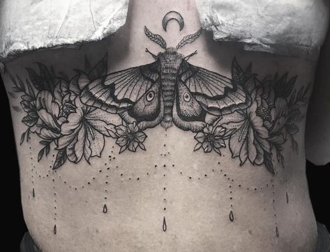 Sternum Coverup Tattoo Women, Spooky Sternum Tattoo, Lunar Moth Chest Tattoo Female, Moth Tattoo Design Sternum, Big Sternum Tattoo, Sternum Tattoo Large, Moth Ribcage Tattoo, Sternum Moth Tattoo, Moth And Flower Tattoo