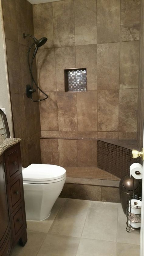 Caramel Bathroom Ideas, Dark Brown Tile Bathroom, Bathroom Remodel Brown Tones, Brown And Grey Bathroom, Brown Tile Bathroom Ideas, Brown Tile Bathroom Ideas Color Palettes, Cream And Brown Bathroom, Brown Bathroom Tiles, Brown Shower Tile