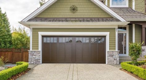 Haas Door Introduces New Wood Grain Options Wayne Dalton Mission Oak Garage Door, Haas Garage Doors, Exterior House Makeover, American Garage Door, Brick Paver Driveway, Garage Door Trim, Metal Buildings With Living Quarters, Trim Installation, Loft Garage