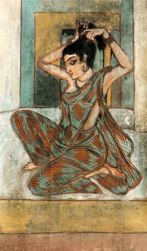 Nandalal Bose Paintings, Nandalal Bose, Worli Painting, Modern Indian Art, Art Test, Hair Dressing, Rural India, Plants Decor, Indian Woman