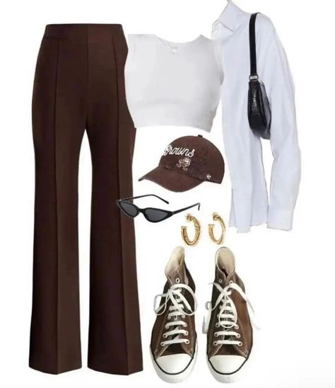 Brown Pants Ootd, High Top Converse Outfit, Brown Leggings Outfit, How To Style Brown Pants, Brown Baseball Cap, Black Top Outfit, Brown Pants Outfit, White Tops Outfit, Dark Brown Pants