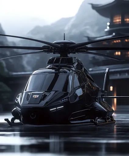 ↑↑↑ Larger size on website ��🔸 A sleek, black helicopter sits on a wet, reflective surface. The helicopter has a futuristic design  🔸 From Midjourney AI Image