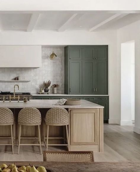 White Oak And Green Kitchen, Sage Green Island, White And Timber Kitchen, Mountain Home Kitchen, Olive Green Kitchen, Transitional Kitchens, Flip Ideas, Timber Kitchen, Rental Kitchen