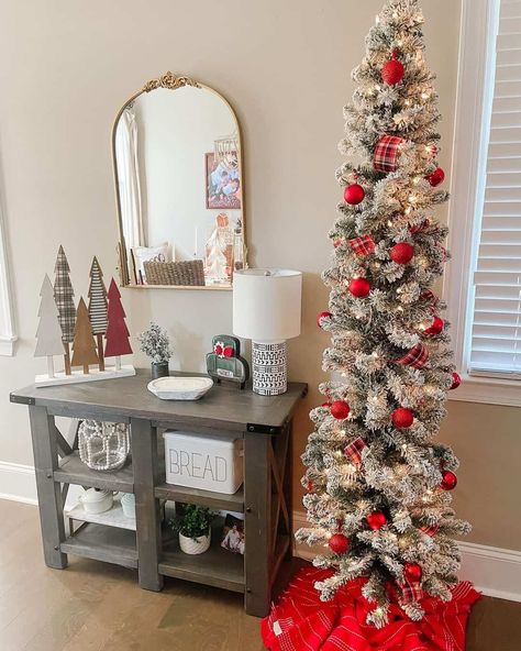 Pencil Christmas Tree Decorated, Pencil Trees Decorating Ideas, White Pencil Christmas Tree, Slim Pencil Christmas Tree, Filigree Mirror, Christmas Tree Decorating Tips, Pencil Tree, Christmas Tree Decorated, Slim Christmas Tree