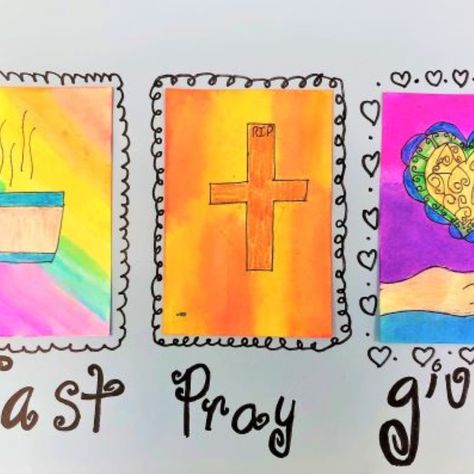 Fast Pray Give artwork, offers a spiritual focus and personal meaning to the three pillars of Lent. Lent Art, Easter Art Lessons, Fast And Pray, 3rd Grade Art, Easter Art, Watercolor Art Lessons, Kids Church, Grade 4, Art Lesson