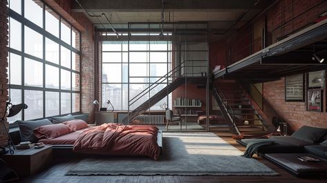 Industrial Loft Apartment Warehouse Living, Warehouse Loft Apartment, Apartment Industrial, Loft Apartment Industrial, Nyc Studio Apartments, Apocalypse Landscape, Character Homes, Warehouse Apartment, Crib Ideas