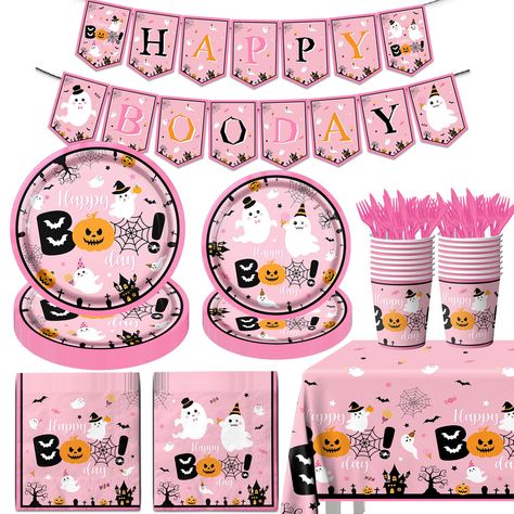 PRICES MAY VARY. Halloween Party Decoration: Pink Halloween Party Supplies include -1pcs Pink Halloween Table Cloth 70.8x42.5inch, 20pcs Paper Dining Plate (9inch) 20pcs Dessert Plate (7inch) 1pcs Happy Boo Day Banner (5.51x7.08inch) 40pcs Boo Napkin (6.5x6.5inch) 20 pairs of knives and forks, 20pcs Cup (90oz) This Happy Boo Day Halloween set is suitable for 20 people to use, perfect for ghost decoration and unforgettable time with friends! High quality materials: All of our Halloween themed par Halloween Table Cloth, Happy Boo Day, Halloween Birthday Decorations, Pink Halloween Party, Halloween Party Plates, Ghost Party, Table Cloth Decorations, Girl Birthday Decorations, Ghost Decoration