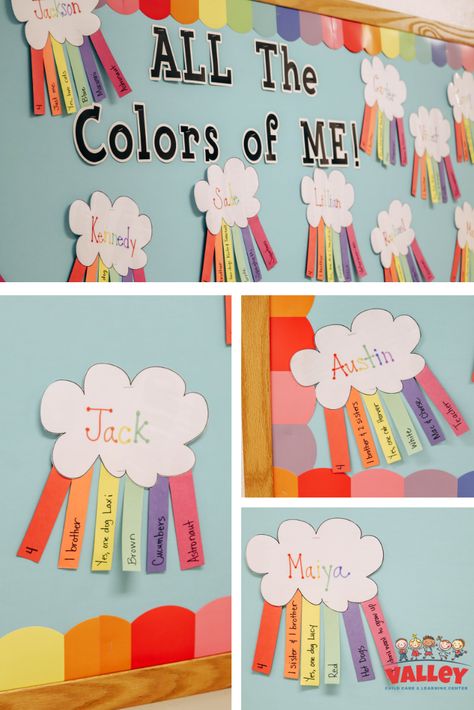 In The Classroom Theme Preschool, Color Board Preschool, Relatives Craft Preschool, All About My Classroom Preschool, Belonging Bulletin Board Ideas, Color Theme Preschool Classroom Decor, Class Decoration Preschool, Rainbow Wall Classroom, Rainbow Bulletin Board Preschool