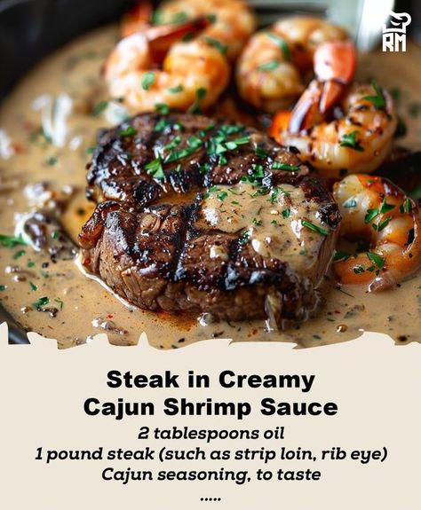 Recipes Masters | Make your dinner unforgettable with our Steak in Creamy Cajun Shrimp Sauce | Facebook Steak In Creamy Cajun Shrimp Sauce, Creamy Cajun Shrimp Sauce, Cajun Shrimp Sauce, Cookout Foods, Shrimp Sauce Recipes, Creamy Cajun Shrimp, Dinner Board, Paula Dean, Beef Dinners