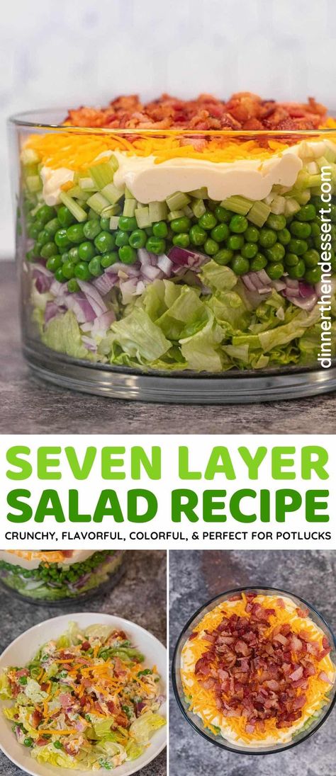 Traditional Seven Layer Salad Recipe, Lettuce And Pea Salad, Sweet Pea Salad Easy, Layers Salad Recipes, Pea Layered Salad, 7 Layer Lettuce Salad Recipe, Salad With Peas And Lettuce, Lettuce Pea Salad, 7 Layer Salad With Broccoli