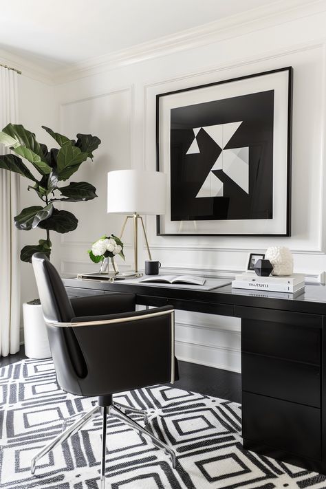 31+ Chic Home Office Ideas to Revamp Your Workspace Chic Home Office Ideas, Feminine Home Office Classy, Home Office Library Ideas, White Office Ideas, Office Interior Design Luxury, Black And White Home Office, Chic Home Office, White Office Decor, Chic Office Space