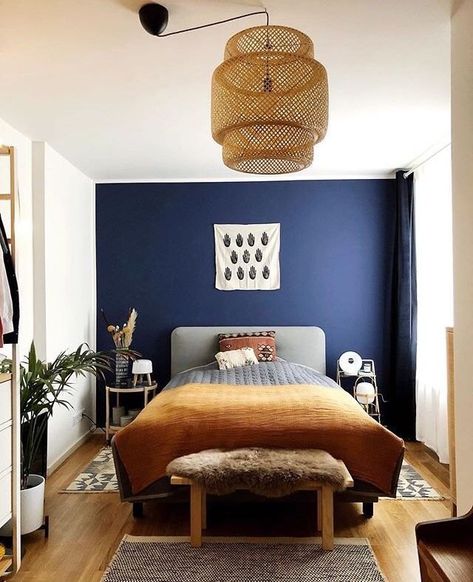 Erring on the side of less is more, we've rounded up eight blue bohemian bedrooms that exude effortless calm. Blue Bedroom Walls, Navy Blue Bedrooms, Blue Bedroom Design, For Couples, Blue Bedroom Decor, Bedroom Wall Designs, Farmhouse Master, Bedroom Deco, Dekorasi Kamar Tidur