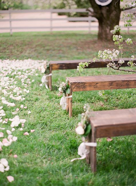 Bench Ceremony Decor, Bench Aisle Decor, Bench Seat Wedding Ceremony, Wedding Ceremony Bench Decor, Isle Decorations Wedding Benches, Wedding Aisle Florals Simple, Bench Decor Wedding Ceremony Seating, Ceremony Bench Seating, Wedding Ceremony Benches Decor