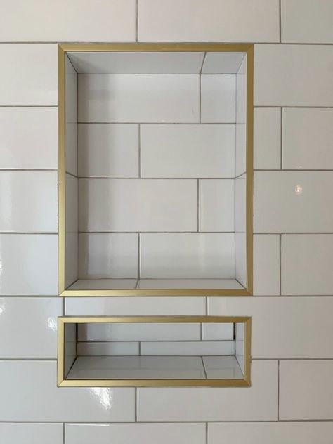 Bathroom Tile Gold Accents, Schluter Trim Bathroom, Gold Shower Niche, Jack And Jill Bathroom Renovation, Schluter Shower Niche, Niche Ideas Bathroom, Gold Tile Trim, Gold Trim Bathroom, Shower Niche Trim