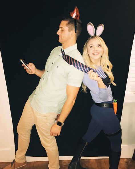 Couples costume! We were Nick Wilde and Officer Judy Hopps from Zoopopia. Super easy costume where you probably have most of the stuff.  #couplescostome #zootopia #halloweencostumes #halloween #disneycostume Officer Judy Hopps Costume, Custom For Couples Halloween, Judy Hopps And Nick Wilde Halloween Costume, Simple Cheap Halloween Couple Costumes, Couples Costume Ideas Disney, Nick Wild And Judy Hopps Costume, Couple Costume Ideas Cute, Simple Disney Couple Costumes, Nick And Judy Halloween Costumes