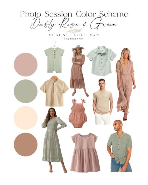 Spring Large Family Pictures Outfits, Spring Outfit Family Photos, Blush Pink Family Pictures, Spring Colors For Family Photos, Dusty Rose And Green Family Pictures, Family Outfit Color Schemes, Green And Pink Family Photos, Mint Green Family Picture Outfits, Light Pink Family Photo Outfits