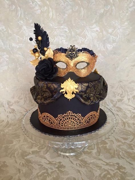 Black& Gold Masquerade cake by Layla A Black And Gold Masquerade Cake, Masquerade Cake Ideas Black And Gold, Masquerade Birthday Party Decorations, Masquerade Birthday Cake, Masquerade Cake Ideas, Masquerade Ball Cake, Masquerade Party Cake, Masquerade Cupcakes, Burlesque Cake