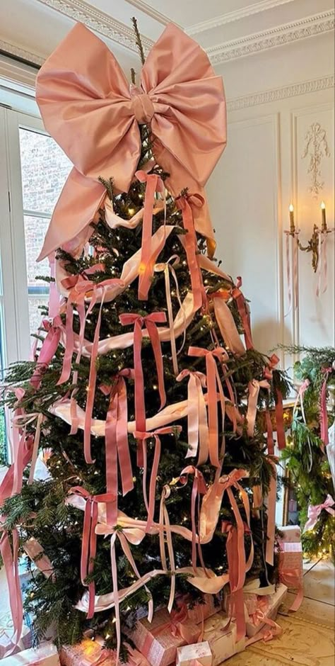 Pink Bow Christmas Tree, Coquette Christmas Tree, Rococo Christmas, Xmas Aesthetic, Ribbon Decor, Bow Tree, Girly Christmas Gifts, A Pink Christmas, Christmas Tree Inspo