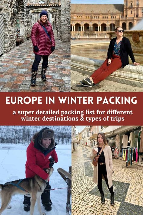 The Ultimate Europe in Winter Packing List | There are amazing European winter destinations, but figuring out what to wear can be tough...the weather can be variable, you don't want to freeze, but everything's so bulky. I've got everything you need packing for winter in Europe, all types of places & trips--whether sunny southern Spain, cold Christmas markets, cute chilly city exploration, or snowy Arctic adventure. #europe #packinglist #winter Europe Winter Essentials, Winter Outfits Norway, Plus Size Europe Travel Outfits Winter, Packing For Germany In Winter, European Winter Packing List, What To Pack For Europe In Winter, 2 Weeks In Europe Packing Winter, Europe Winter Packing List, European Winter Outfits Cold Weather