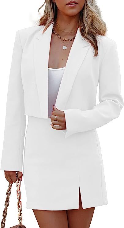 White skirt and blazer set for women,nice skin-touch,slight stretch,soft and comfortable,ironing before wear is recommended. Woman Blazer:Truncated lapel long sleeve blazer.Decorative stitching on the side of the waist.Solid elegant blazer with 2 buttons deco Blazer With Shorts, High Wasted Skirt, New Suit Design, Nice Skin, Mini Skirt Suit, Woman Blazer, Classy Short Dresses, High Waisted Mini Skirt, Plain Skirt