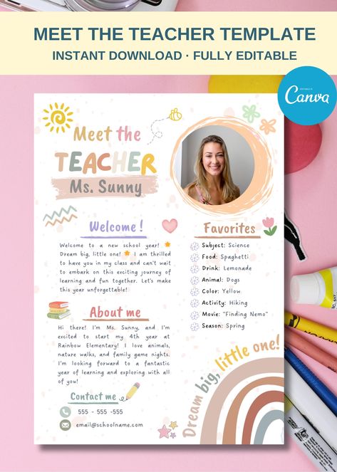 Cute and colorful boho-themed "Meet the Teacher" template, perfect for welcoming your students back to school! This printable and editable brochure is designed in a vibrant pink and yellow color scheme.
#holidayfonts #ad All About Me Teacher, Happy New Year Calligraphy, Meet The Teacher Letter, Introduction Activities, Teacher Letter, About Me Template, Meet The Teacher Template, Teacher Holiday Gifts, Letter To Teacher