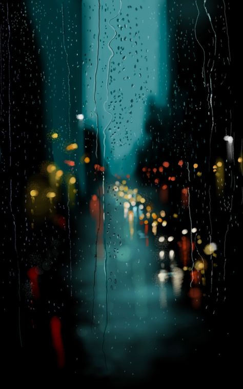 Orange And Black Painting, Blurry City Painting, Rainy City Drawing, Foggy Window Painting, Rain Painting Aesthetic, Night Cityscape Painting, Window Rain Painting, Foggy Window Aesthetic, Rainy Evening Aesthetic