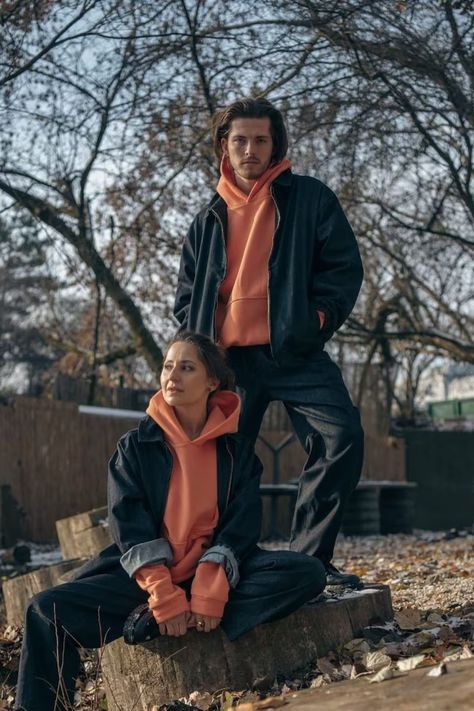 Gender Neutral Outfit, Orange Sweatshirt, Couple Jacket, Jacket For Spring, Orange Hoodie, Blue Denim Pants, Autumn Lights, Hoodie Outfit, Black Denim