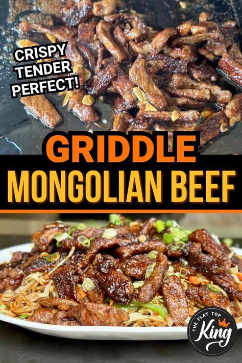 Looking for new Blackstone griddle recipes to satisfy your Chinese takeout cravings!  This Mongolian beef has a simple homemade sauce and cooks up in less than 20 minutes on the griddle!  The crispy Asian beef is so dang tasty, and even our kids loved it! Beef Griddle Recipes, Blackstone Chinese Food, Blackstone Beef Stir Fry Recipes, Asian Griddle Recipes, Beef Recipes Blackstone, Beef Stir Fry On Blackstone Griddle, Dinner On A Griddle, Blackstone Mongolian Beef, Blackstone Beef And Broccoli